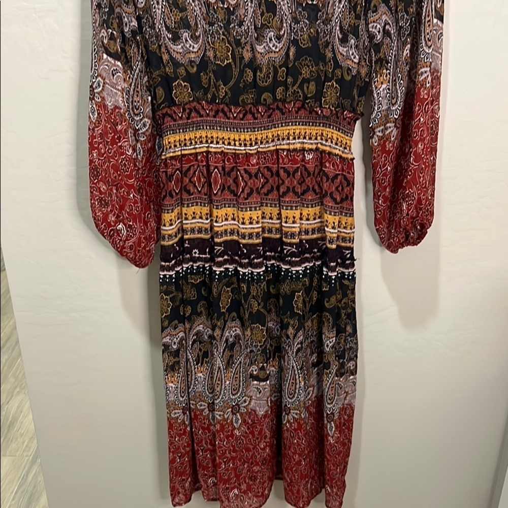 Fig & Flower Anthropologie Dress Sheer Boho Paisley Bishop Maxi Fall Rust Brown - Picture 8 of 16